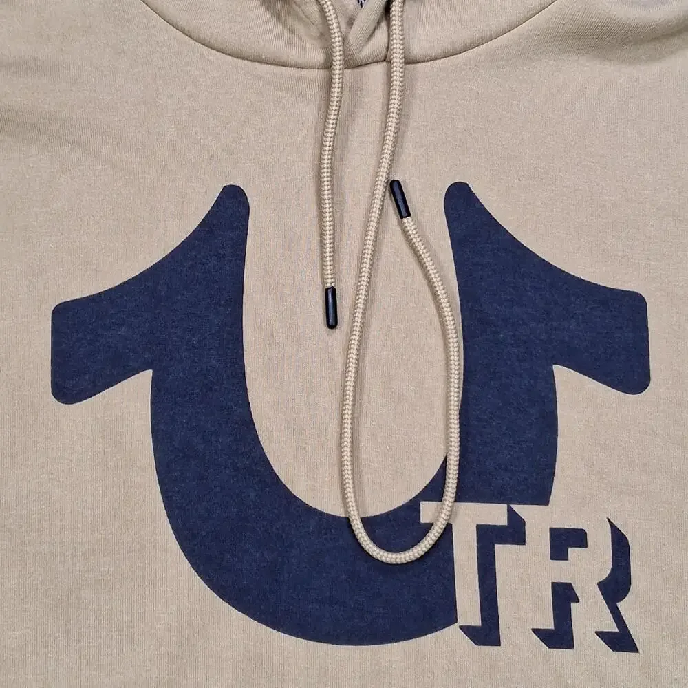 True Religion Hoodie Mens XL Beige Pullover Fleece Horseshoe Logo Sweatshirt